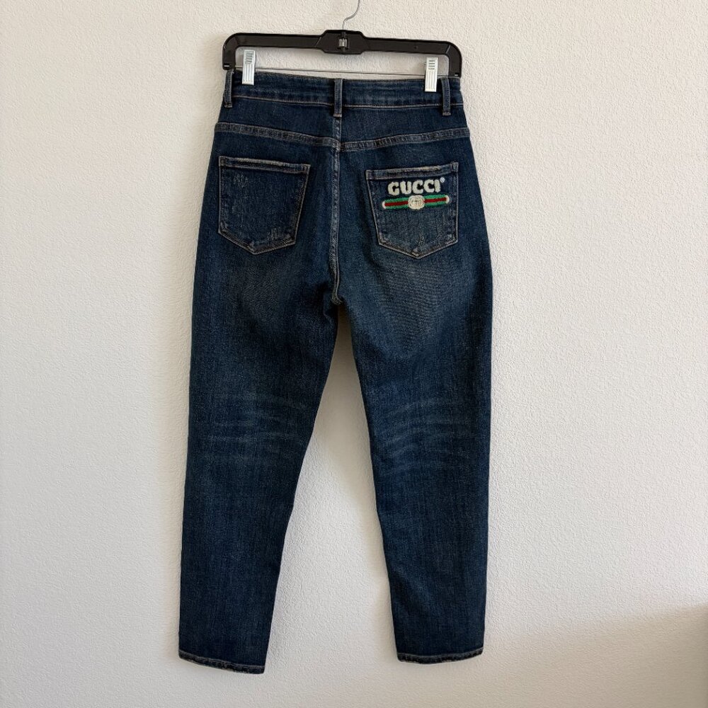 Bee Embroidered Jean Womens 27 x 27 Blue Tapered Stretch Denim Designer Inspired - Picture 4 of 12
